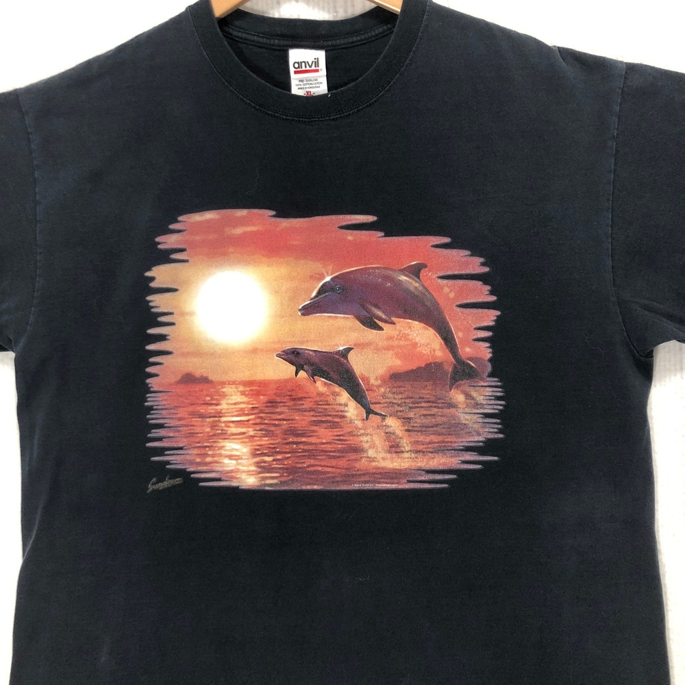 Dolphin Graphic T-Shirt Sunset‎ Ocean Print Short Sleeve Anvil Men's Size XL